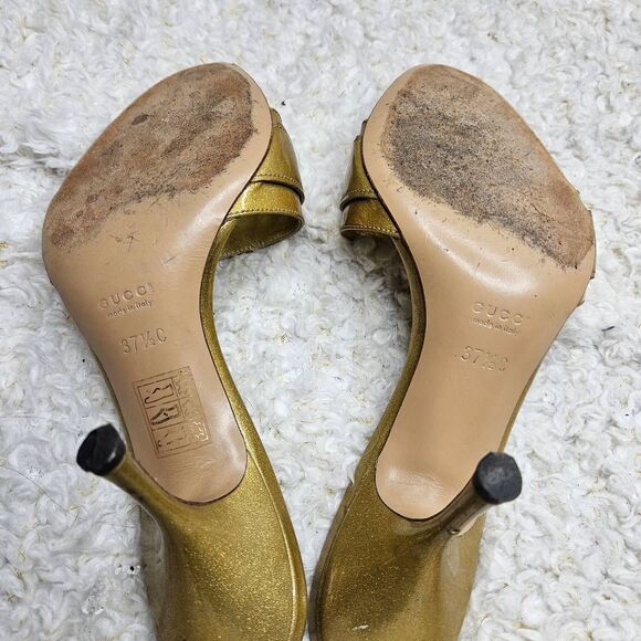Gucci Gold Glitter Patent Leather Open Toe Slide Heeled Sandals size 37.5‎ - Picture 10 of 12